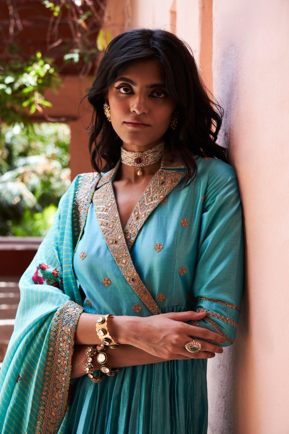 Turquoise Silk Chanderi Angrakha Set