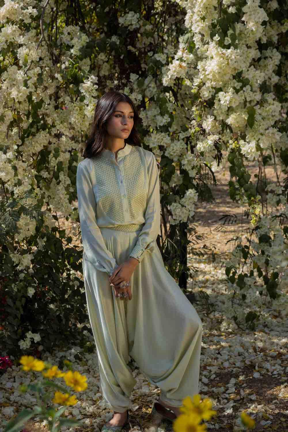Mint Resham Shirt With Dhoti Pants