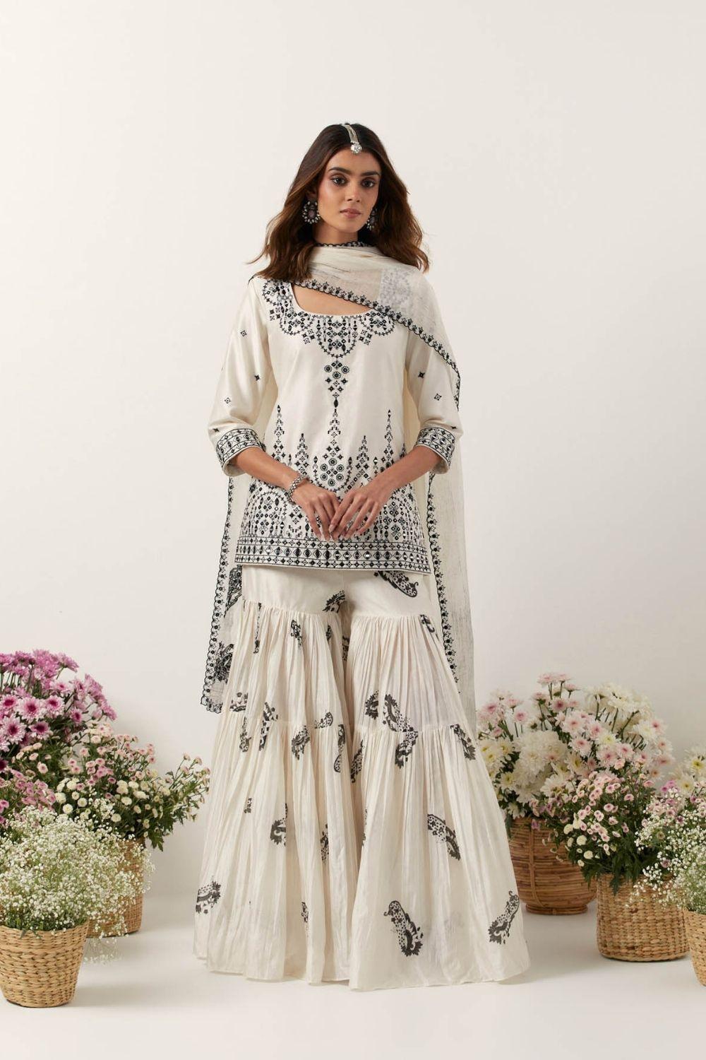 Ivory Mirror & Resham Embroidered Kurti Paired With Gharara & Dupatta
