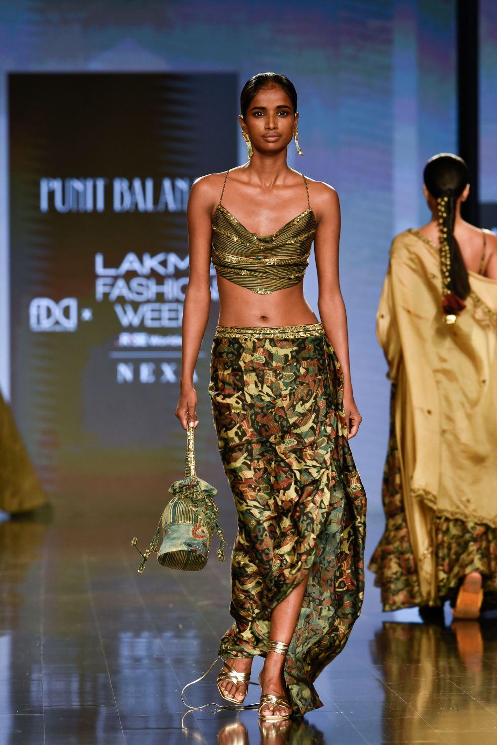 Dry Heena Green Printed Drape Skirt Paired with Cowl Neck Top