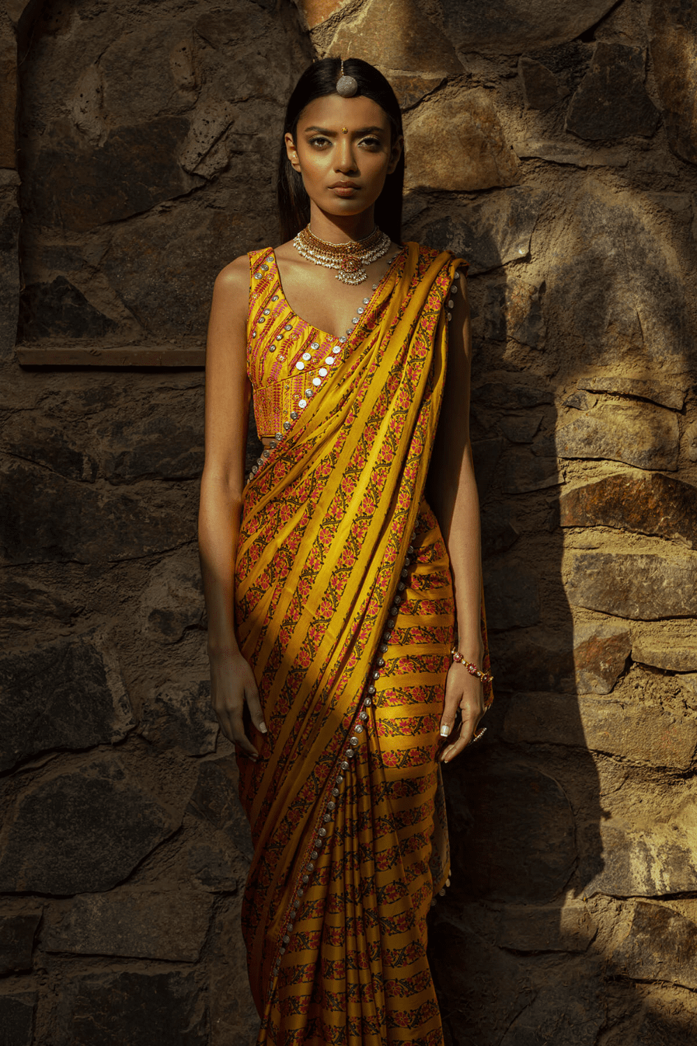 Buy Printed Saree with Coin Work Puff Sleeve Blouse and Waist Belt by PUNIT  BALANA at Ogaan Online Shopping Site
