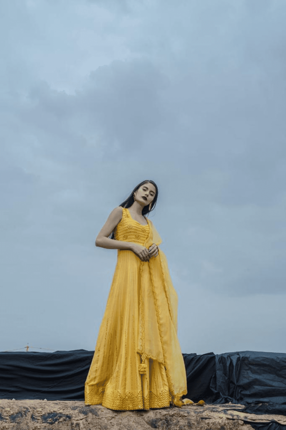 Mustard Mirror Work Anarkali Set
