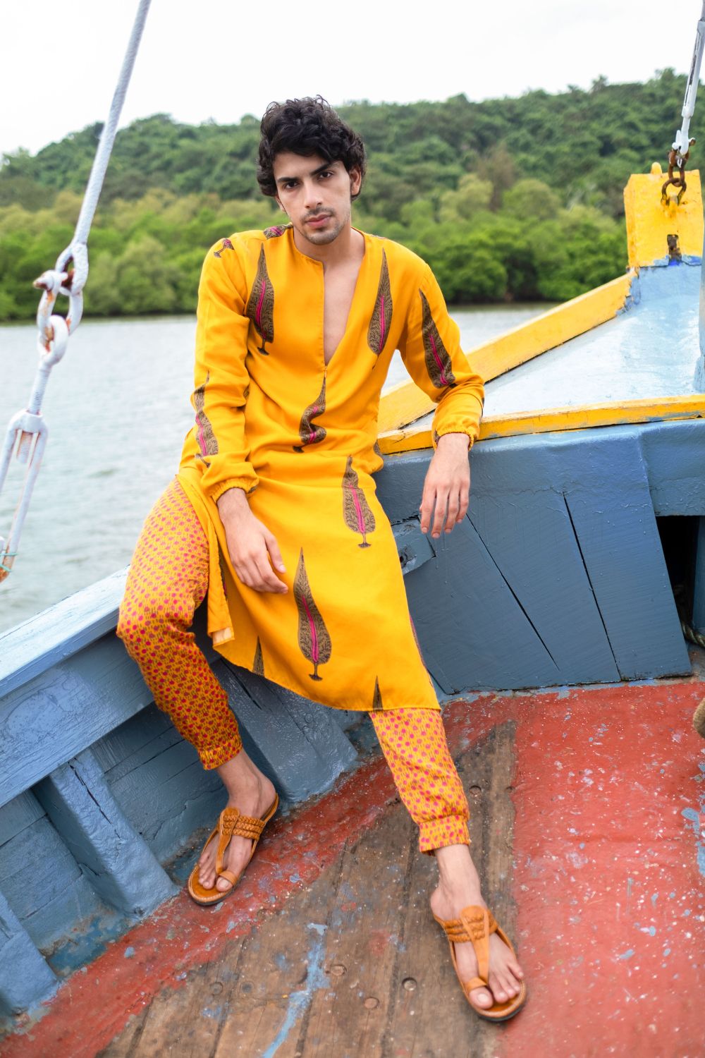 Mustard Printed Kurta With Pant