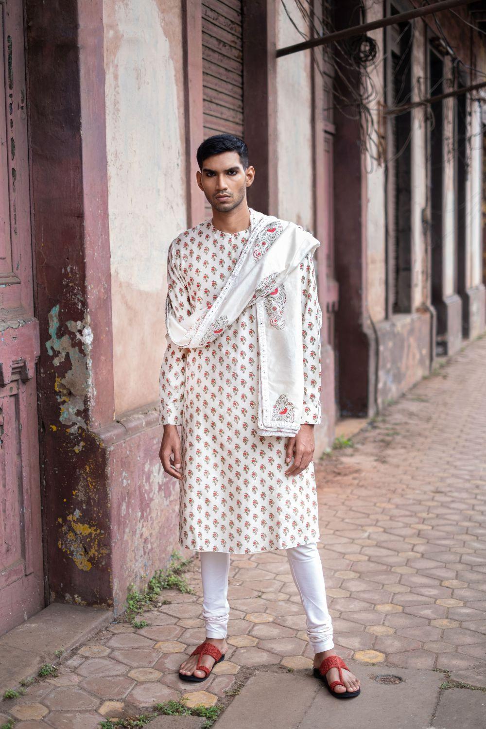 White Kurta With Churidar And Stole Punit Balana