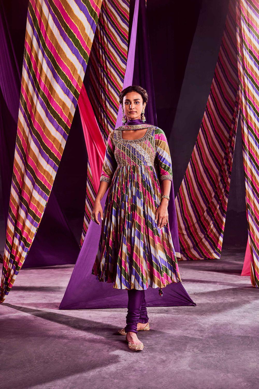 Stripes Printed Heavy Anarkali With Dupatta & Churidar