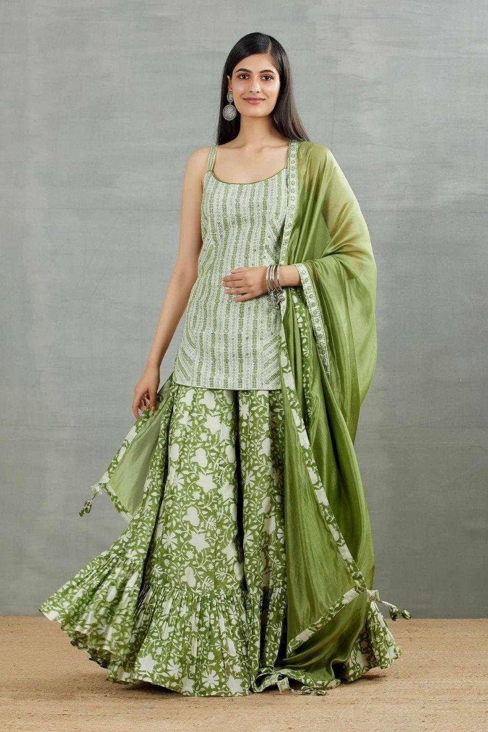 Coin Work Embellished Kurti With Printed Gharara Set