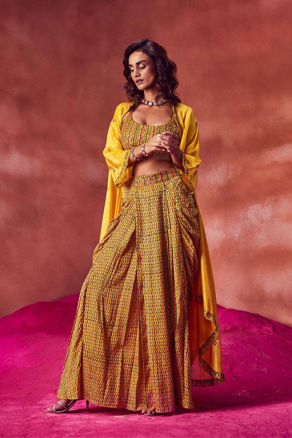 Yellow Draped Skirt Paired Top & Cape