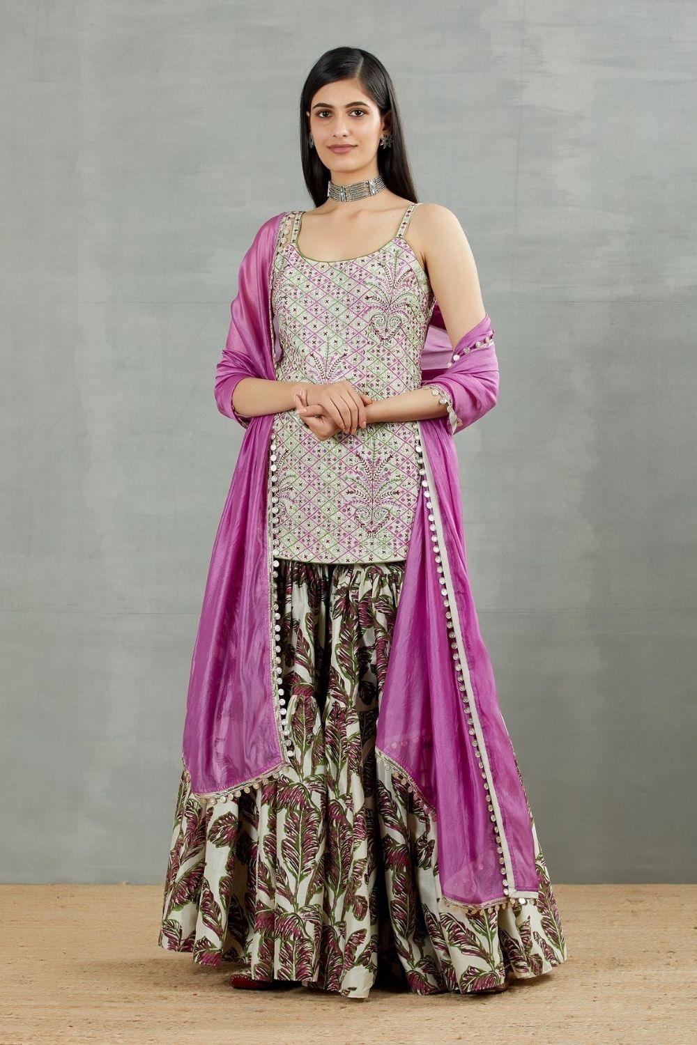 Coin Work Embellished Kurti With Printed Gharara Set