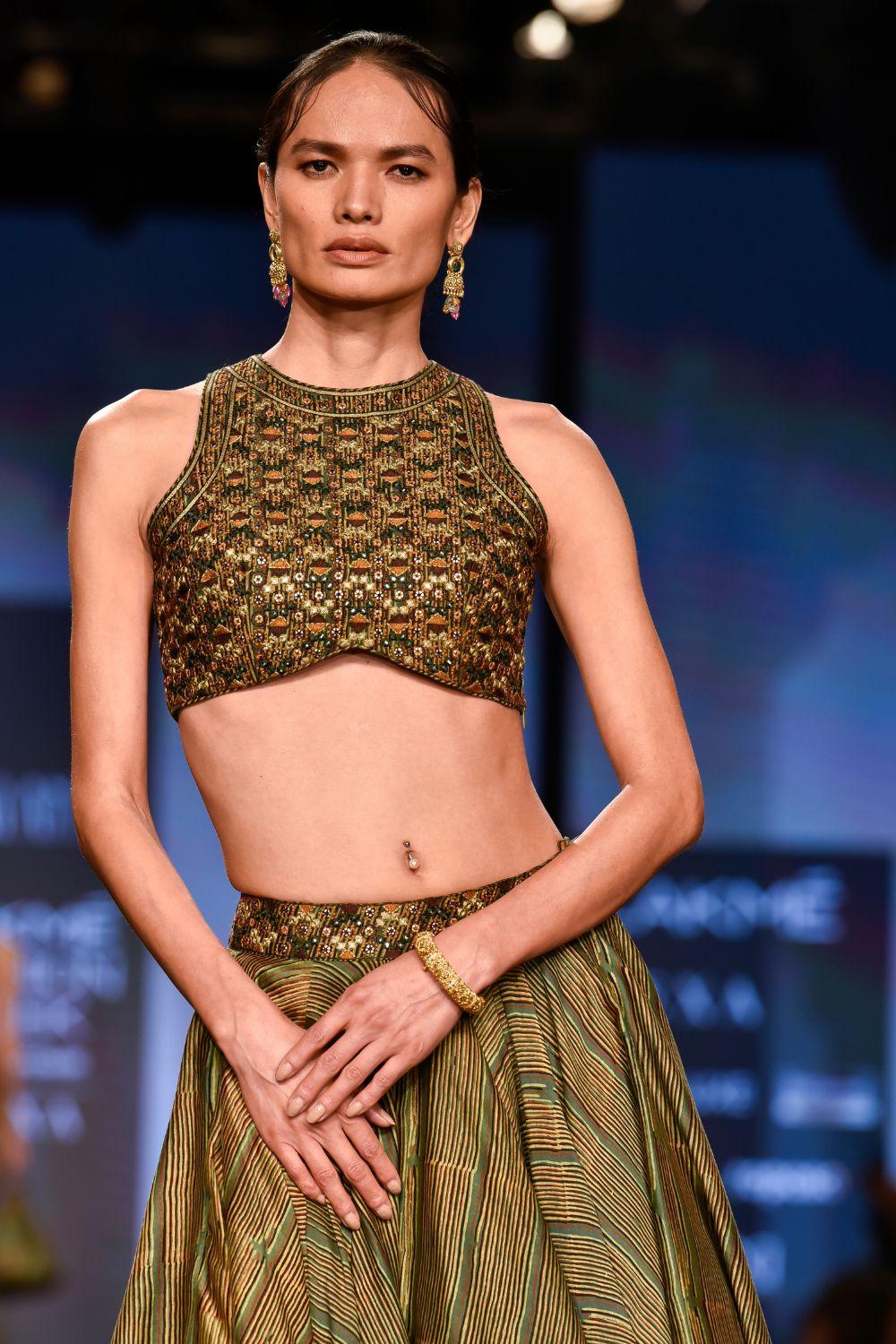 Dry Heena Green Printed Crop Skirt and Top