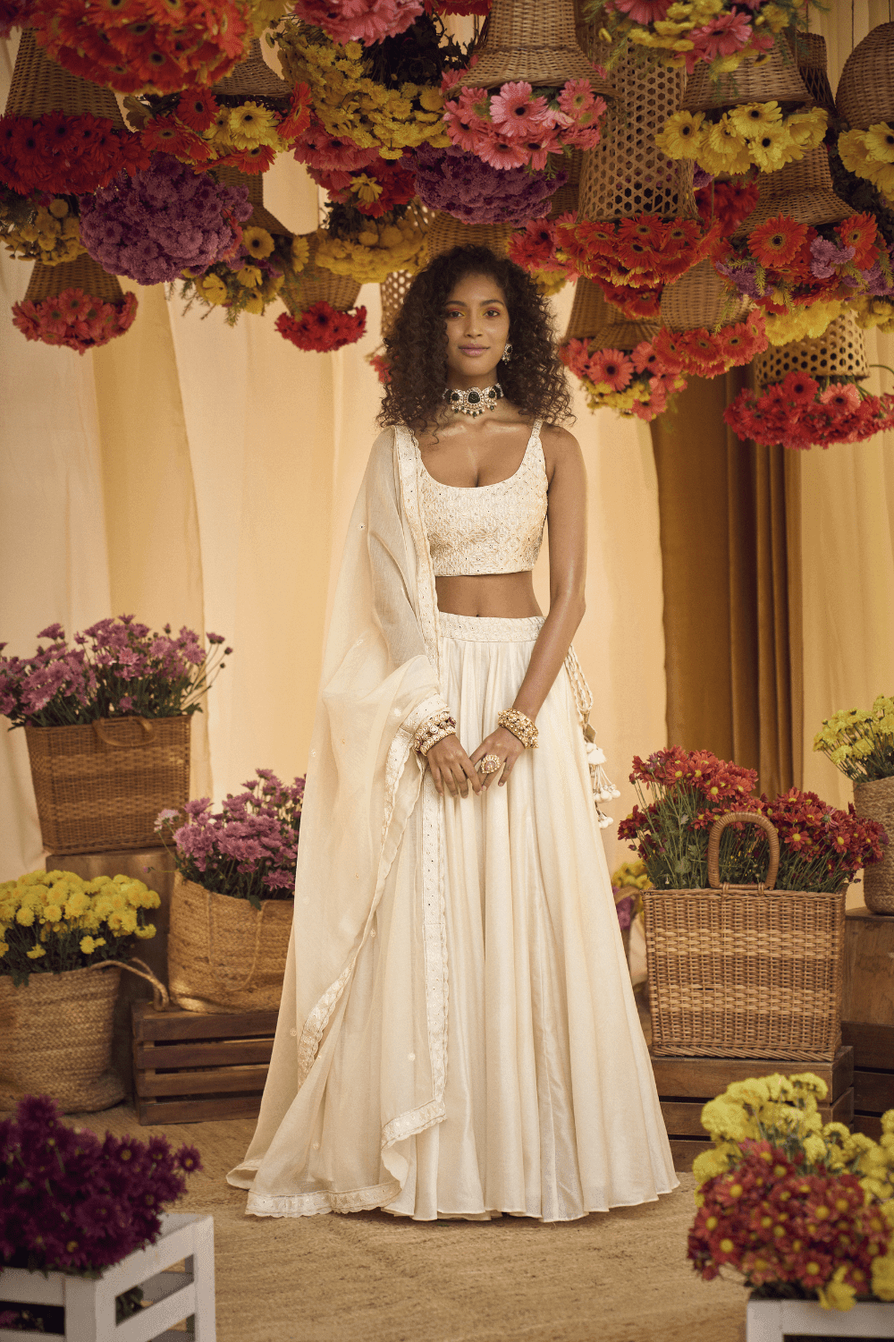 Ivory Chanderi Silk Lehenga With Blouse And Oganza Silk Dupatta