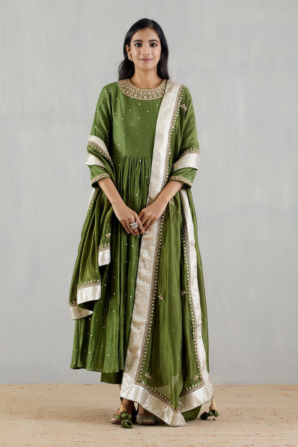 Pickle Green Zero Neck Anarkali With Dupatta And Chudidar