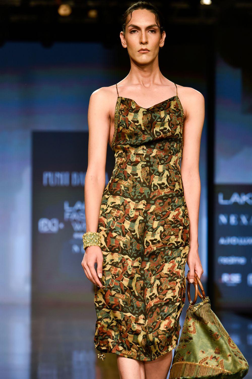 Dry Heena Green Printed Cowl Neck Dress