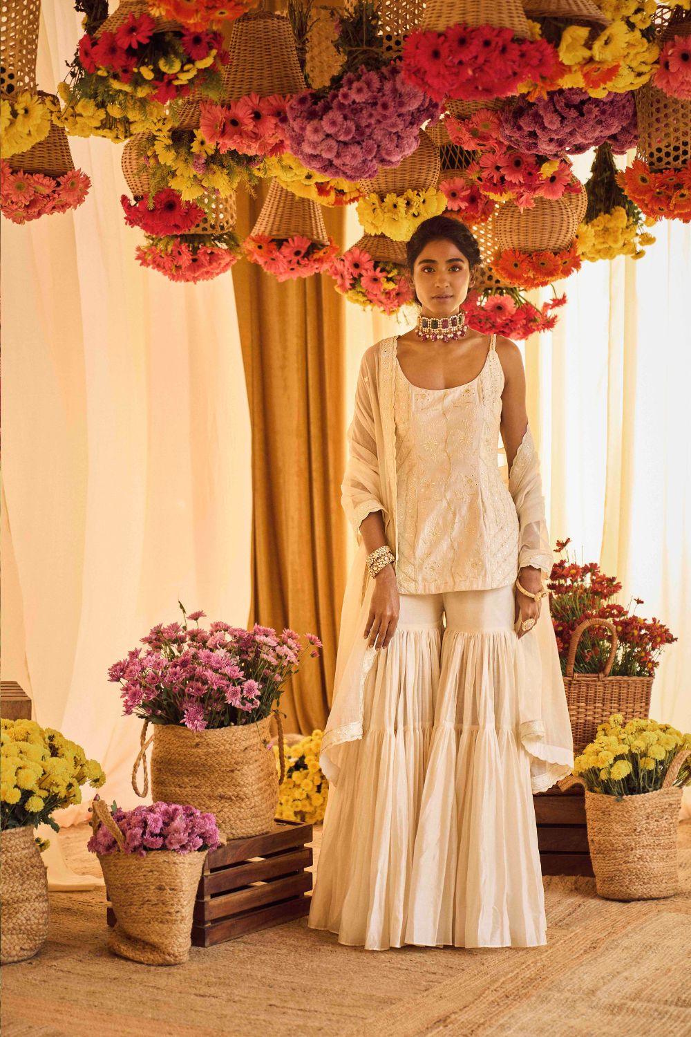 Ivory Kurti With Gharara And Organza Silk Dupatta