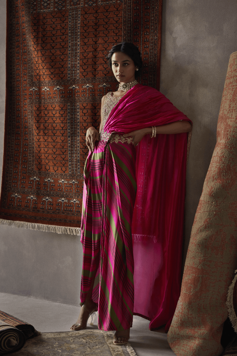 Cherry Red Satin Silk And Organza Silk Drape Saree Set
