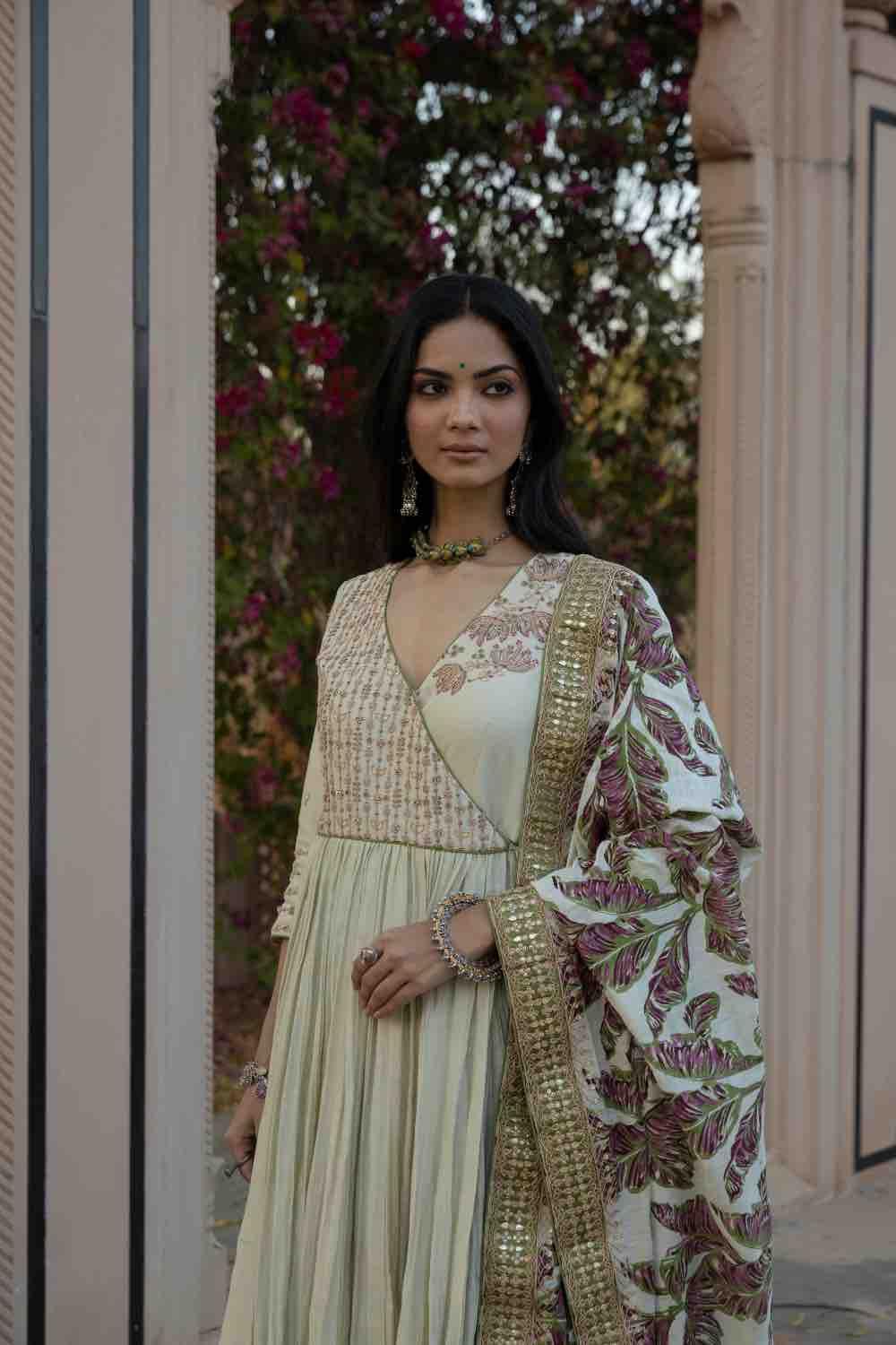 Marodi Work Angrakha With Printed Churidar And Dupatta
