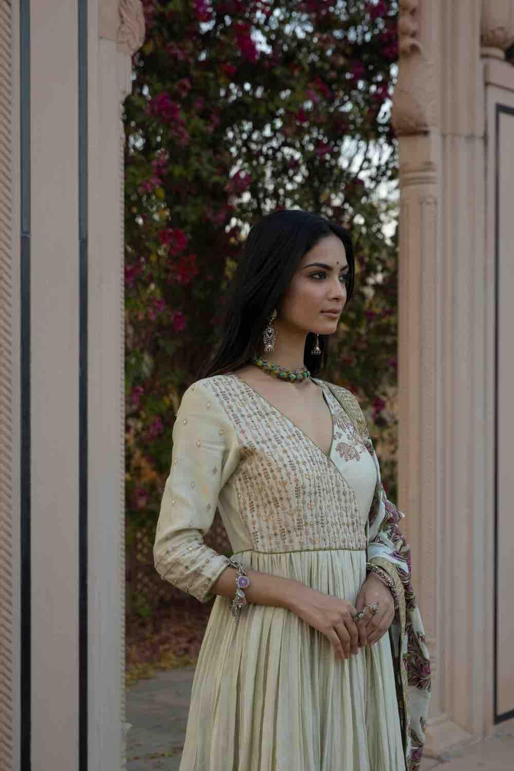 Marodi Work Angrakha With Printed Churidar And Dupatta