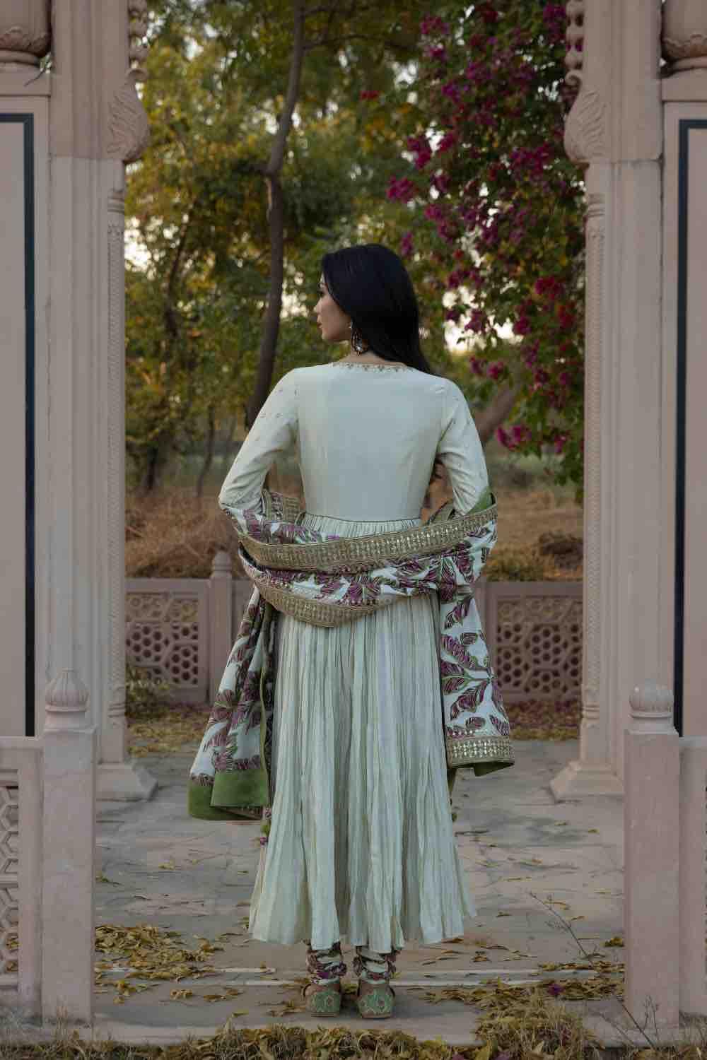 Marodi Work Angrakha With Printed Churidar And Dupatta