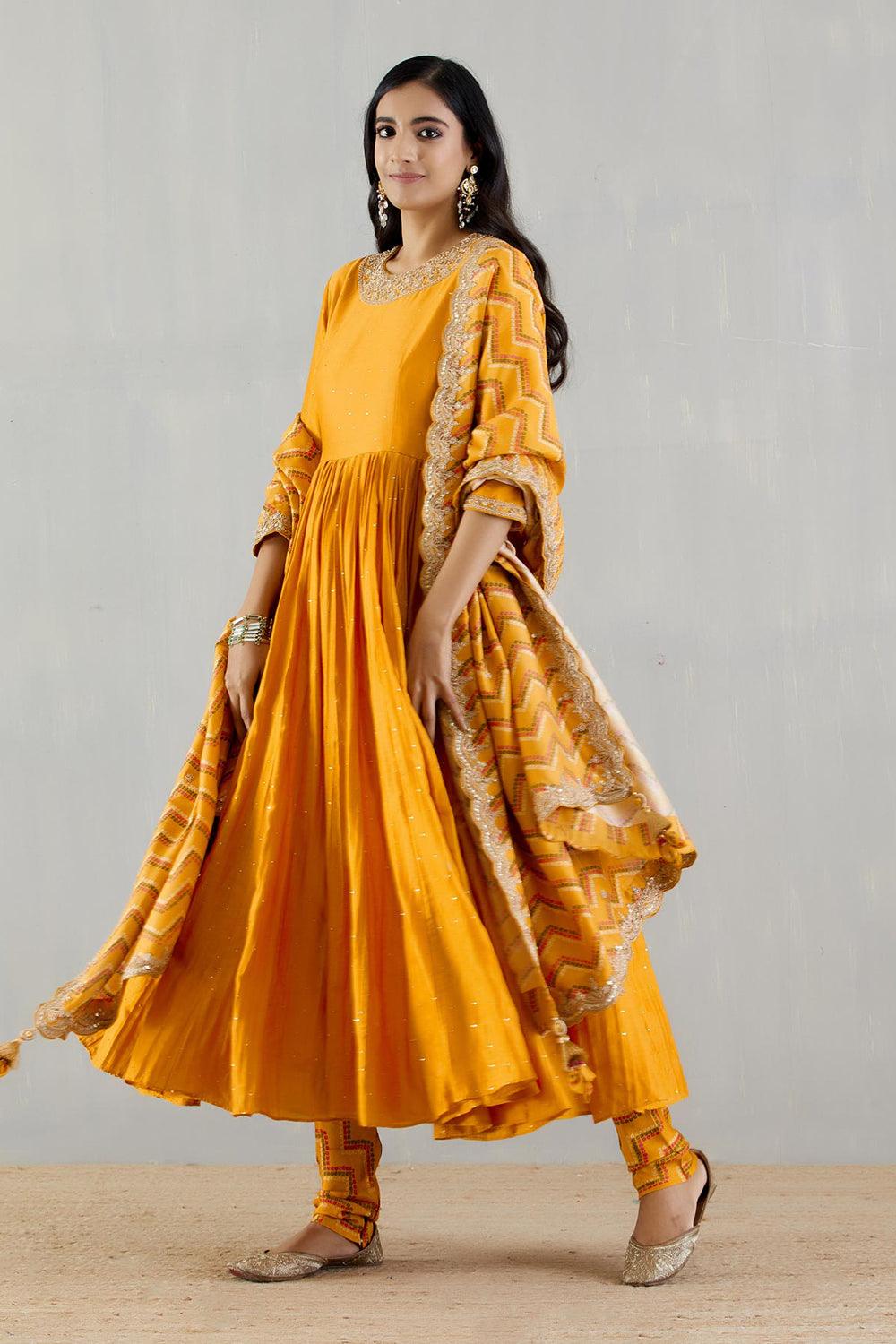 Mustard Anarakli With Printed Dupatta And Chudidar