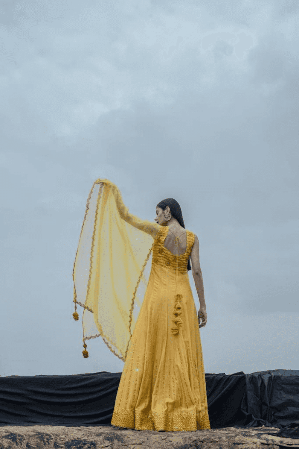 Mustard Mirror Work Anarkali Set