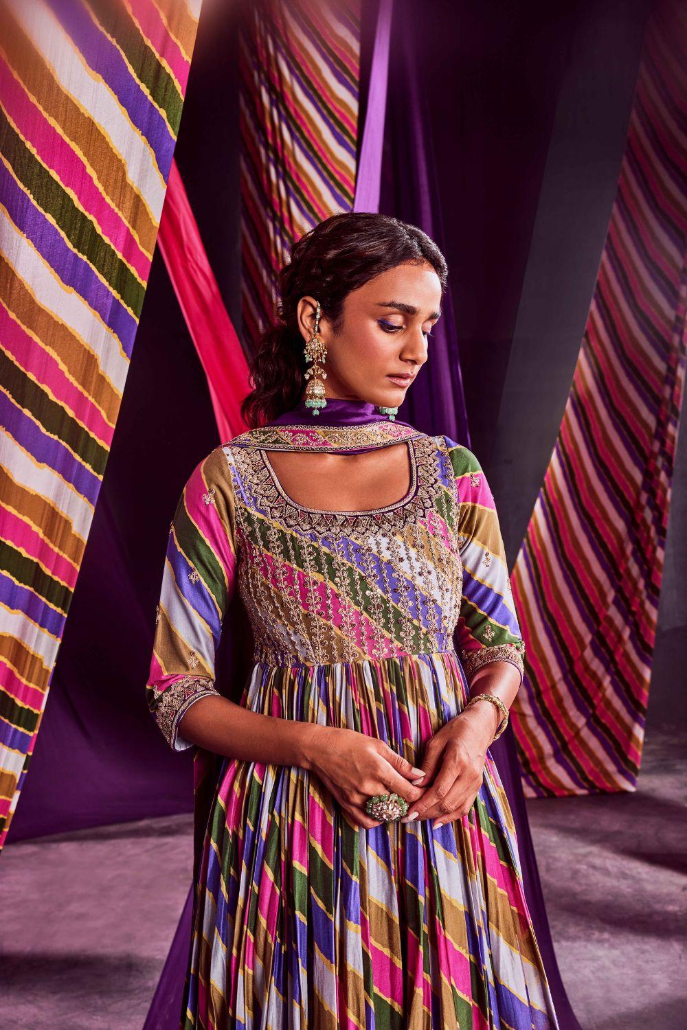 Stripes Printed Heavy Anarkali With Dupatta & Churidar