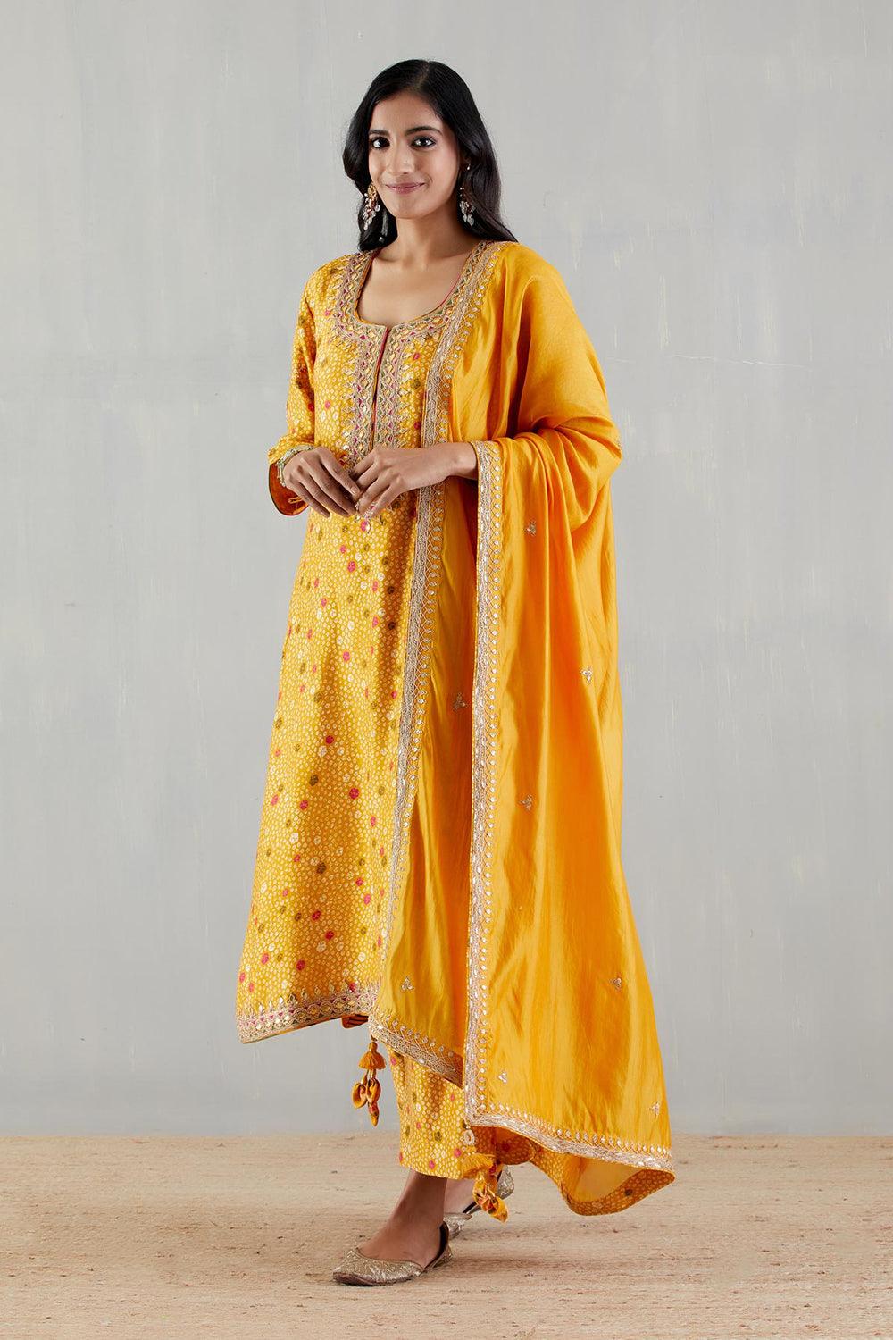 Mustard Printed Kurta With Organza Silk Dupatta And Pants