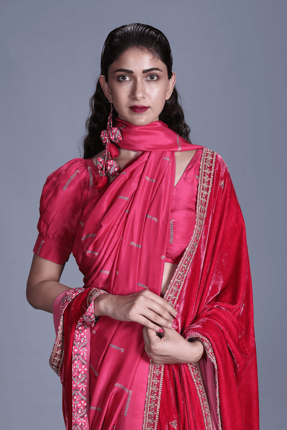 Rapture Rose Color Plain Saree With Puff Sleeve Blouse