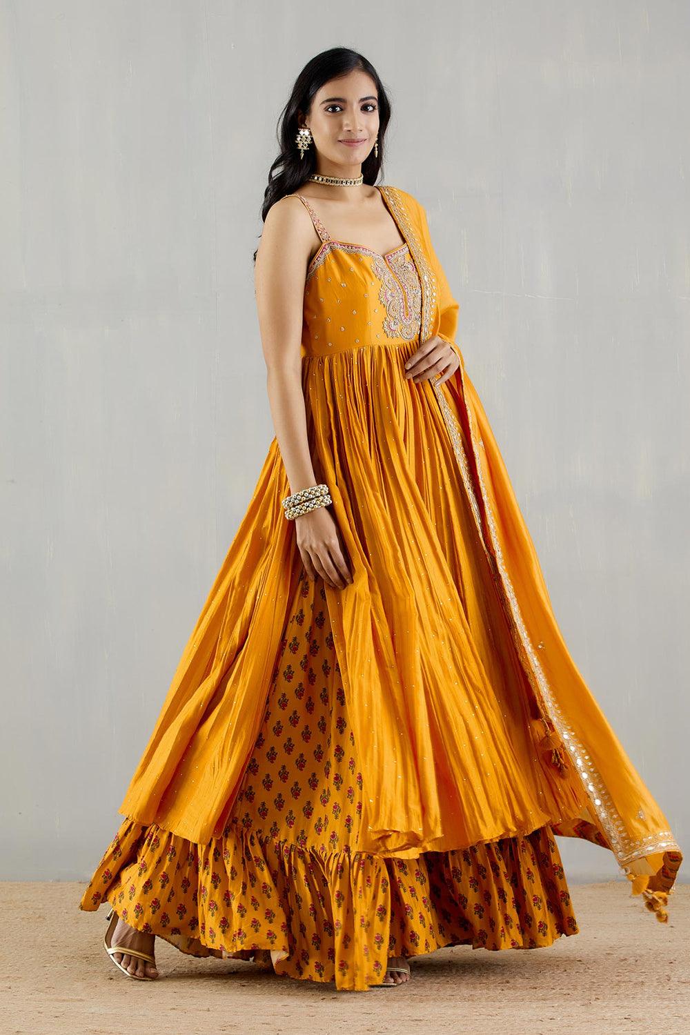 Mustard Strappy Kurta With Printed Gharara And Organza Silk Dupatta