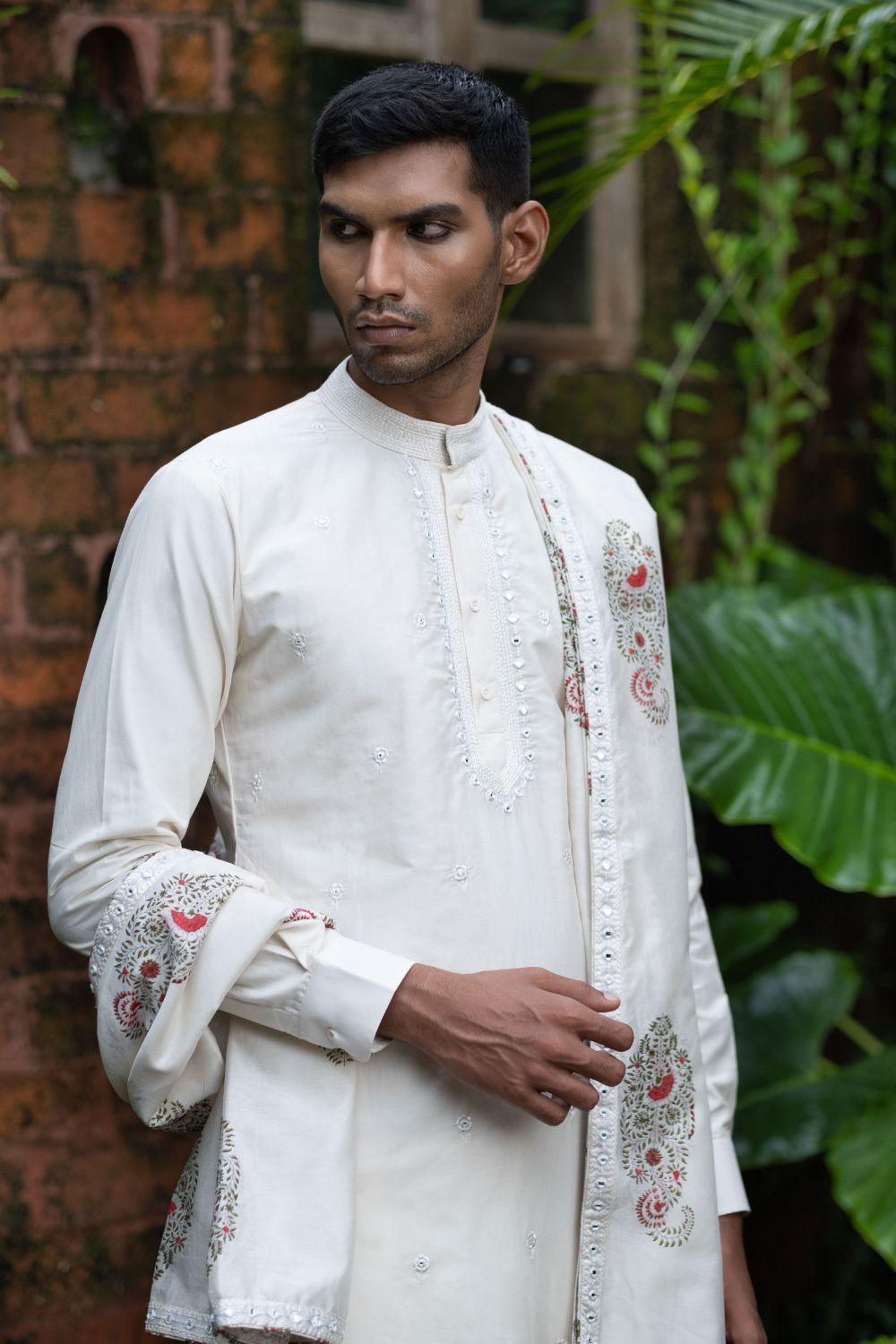 White Kurta With Pants And Stole Set