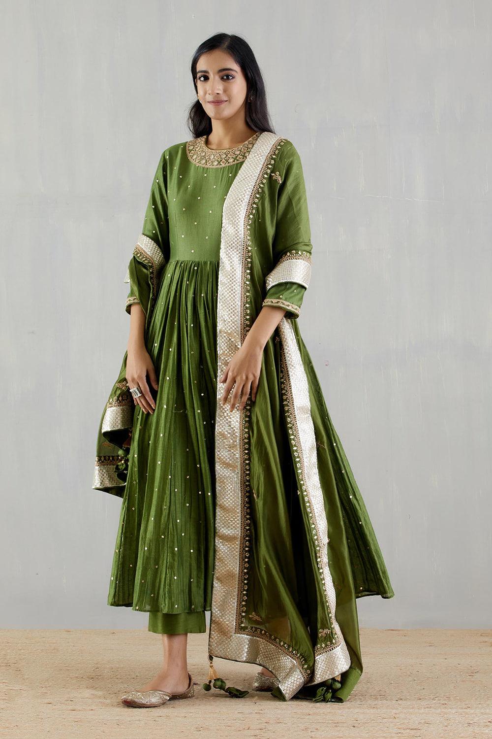 Pickle Green Zero Neck Anarkali With Dupatta And Chudidar