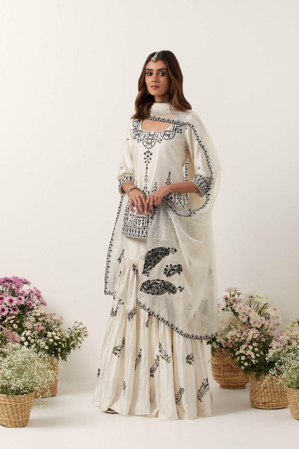 Ivory Mirror & Resham Embroidered Kurti Paired With Gharara & Dupatta