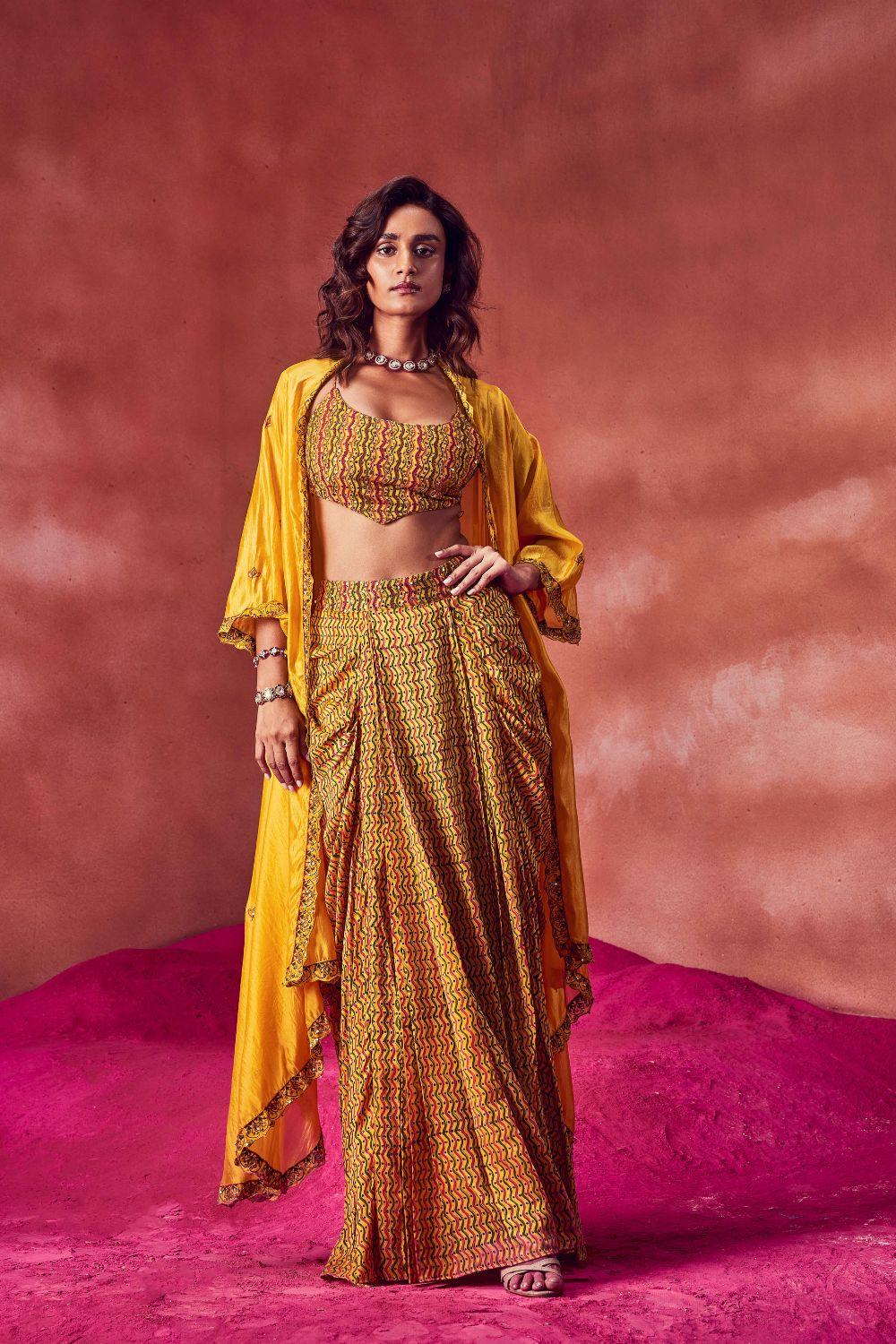 Yellow Draped Skirt Paired Top & Cape