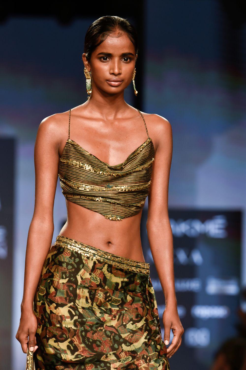 Dry Heena Green Printed Drape Skirt Paired with Cowl Neck Top