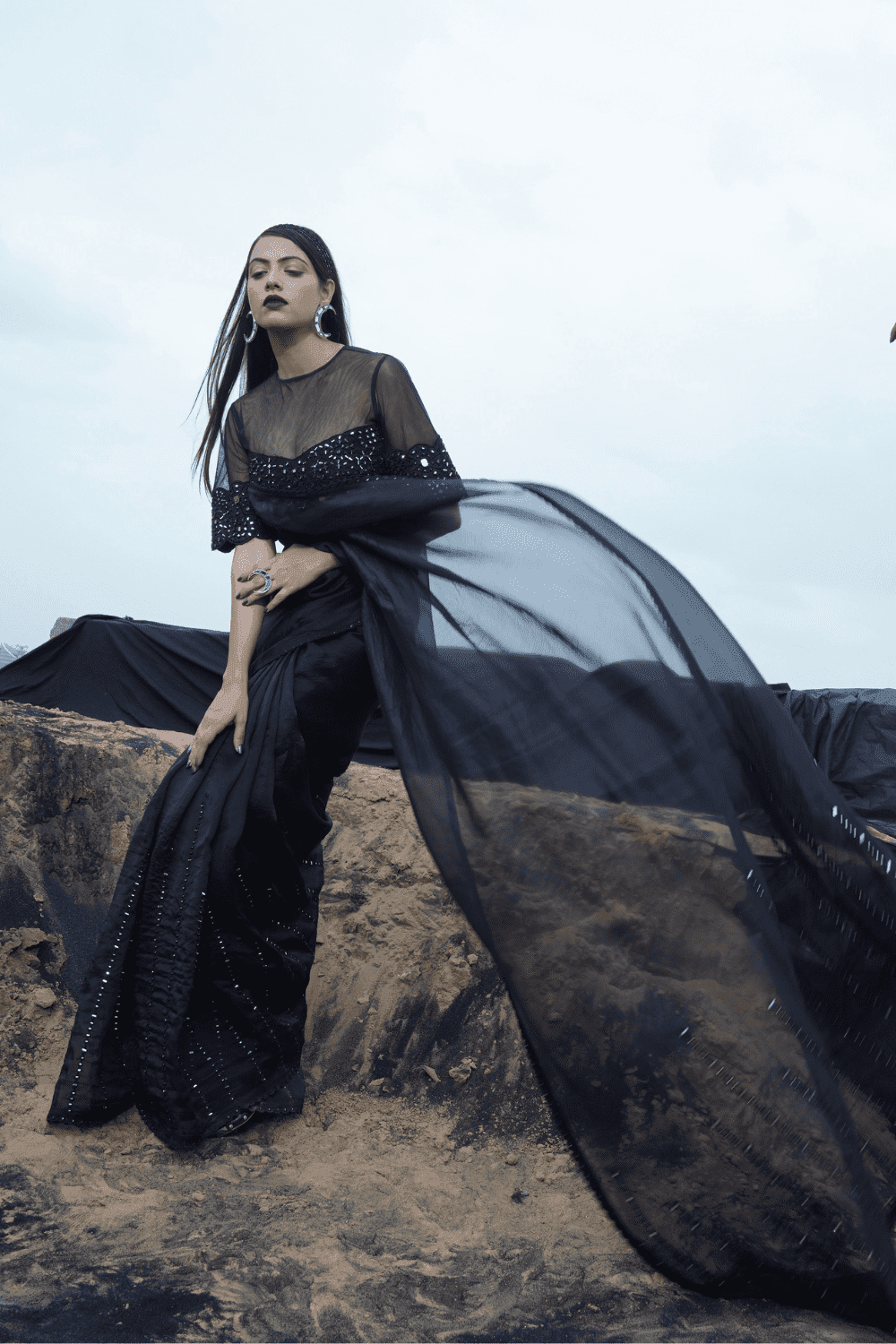Black Mirror Work Organza Saree