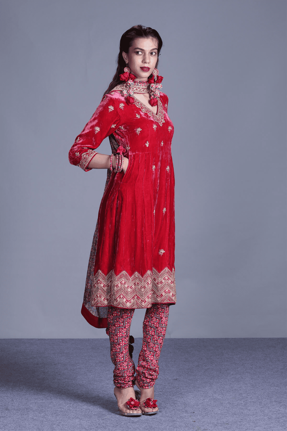 Velvet Kurti With Churidar And Dupatta