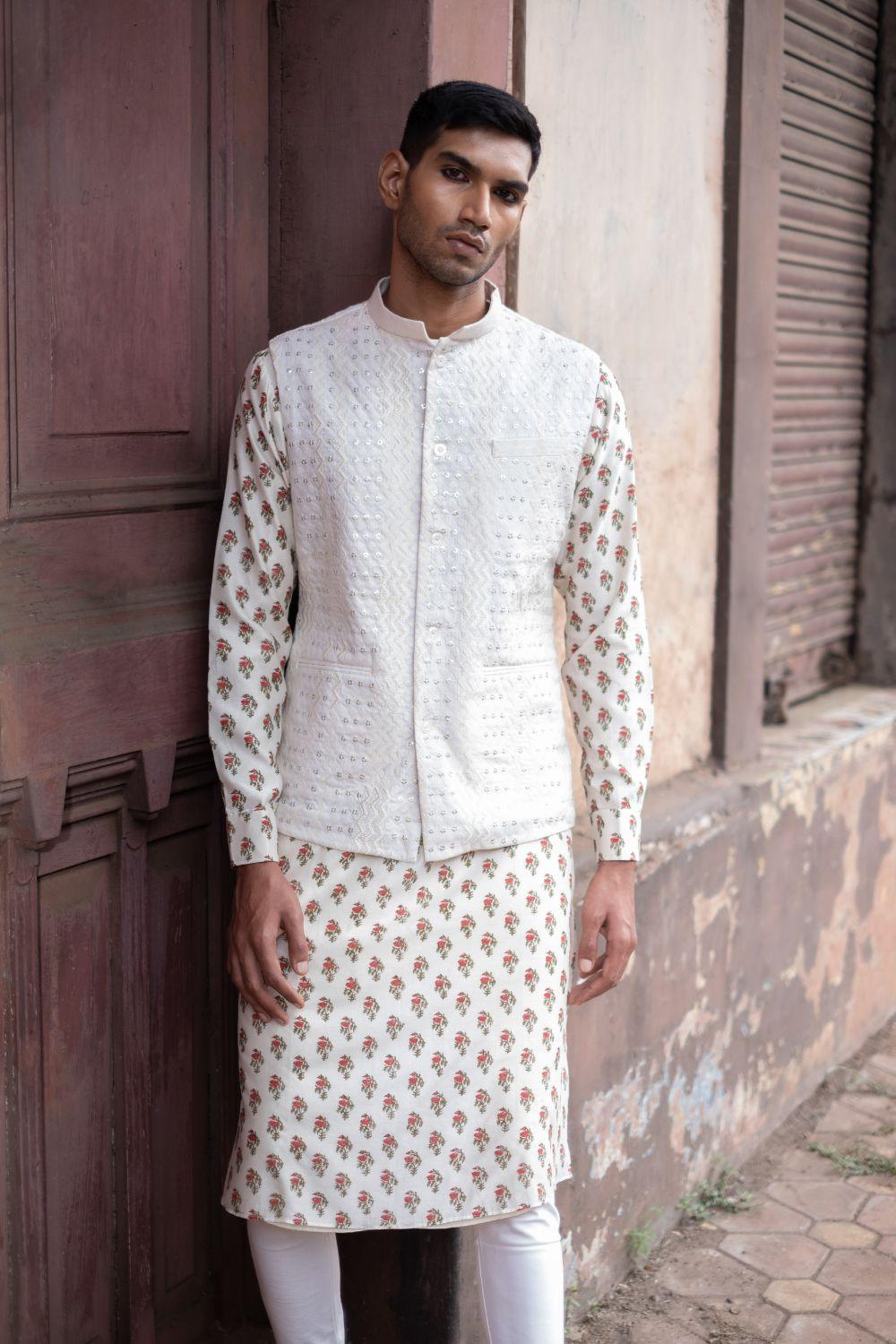 White Printed Kurta With Bandi Churidar