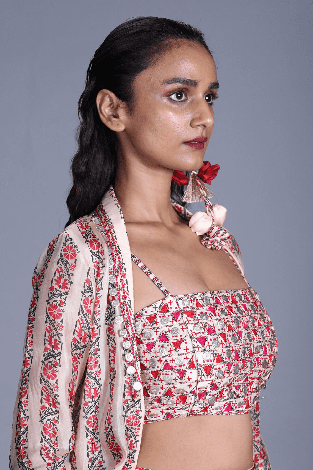 Coin Work Bralette With Buttercup Cowl Pants And Cape