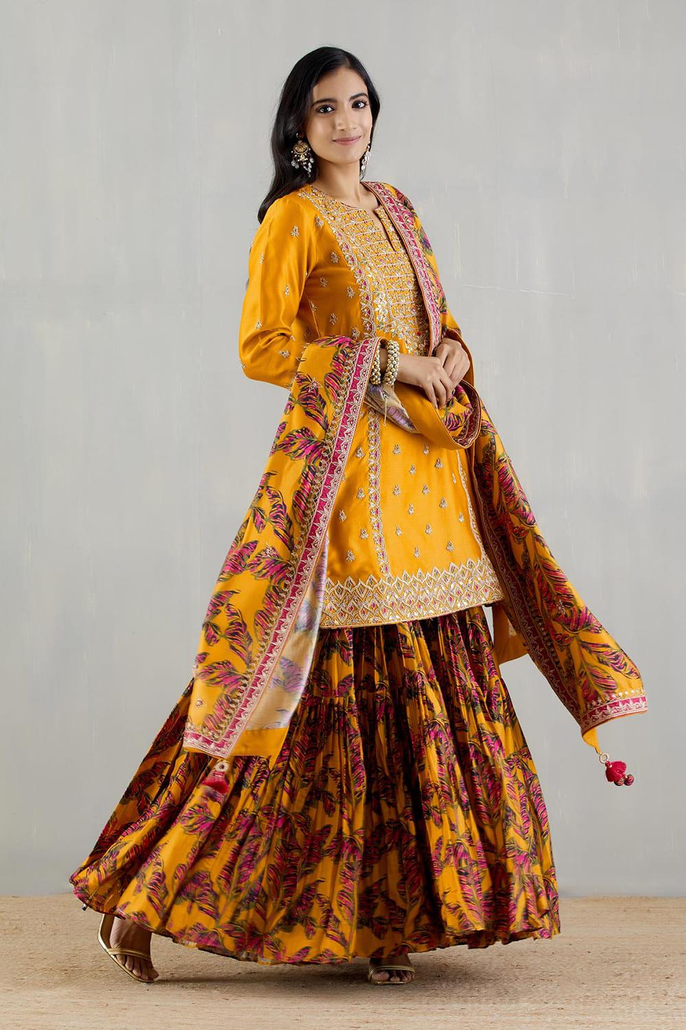 Mustard Kurti With Printed Gharara And Dupatta