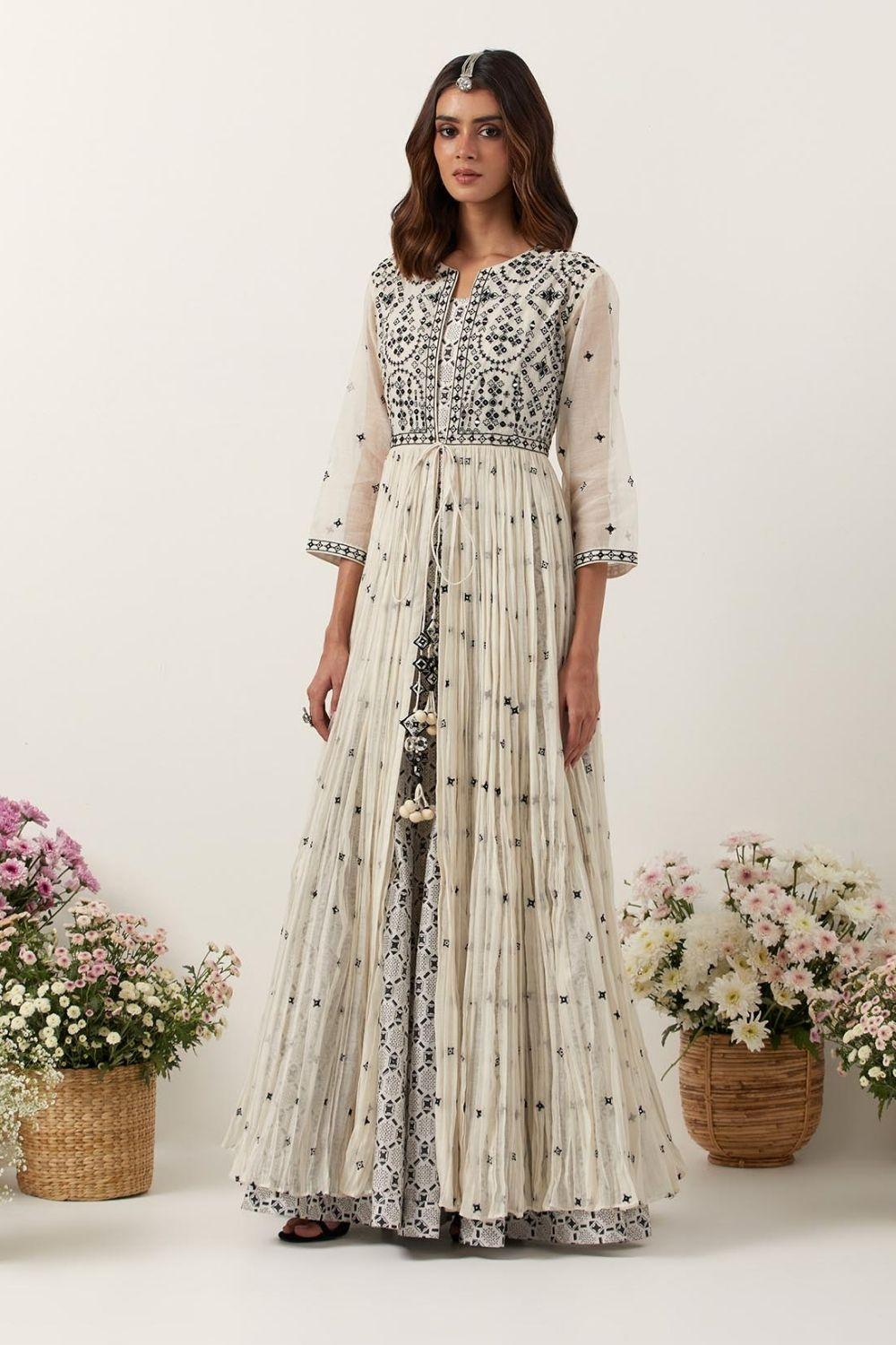 Ivory Resham & Mirror Work Front Open Anarkali Set