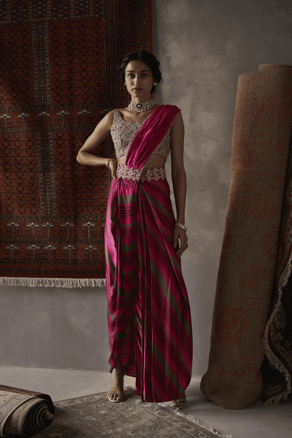 Cherry Red Satin Silk And Organza Silk Drape Saree Set
