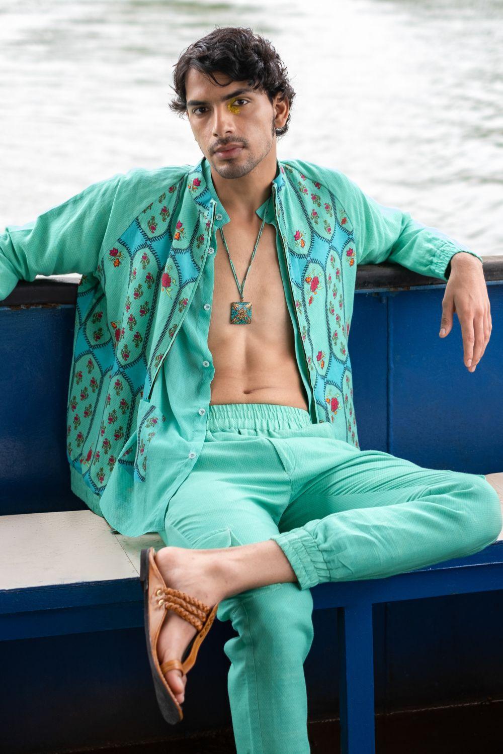 Turquoise Cotton Printed Jacket