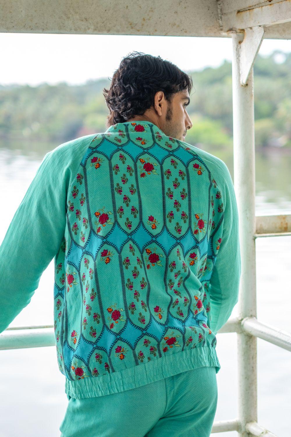 Turquoise Cotton Printed Jacket