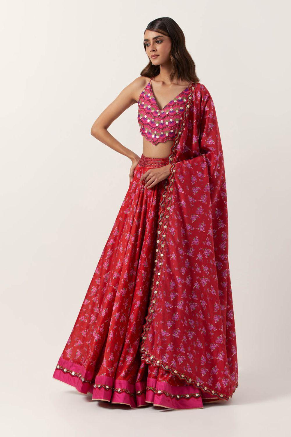 Surkh Laal Floral Lehenga Paired With Top & Dupatta