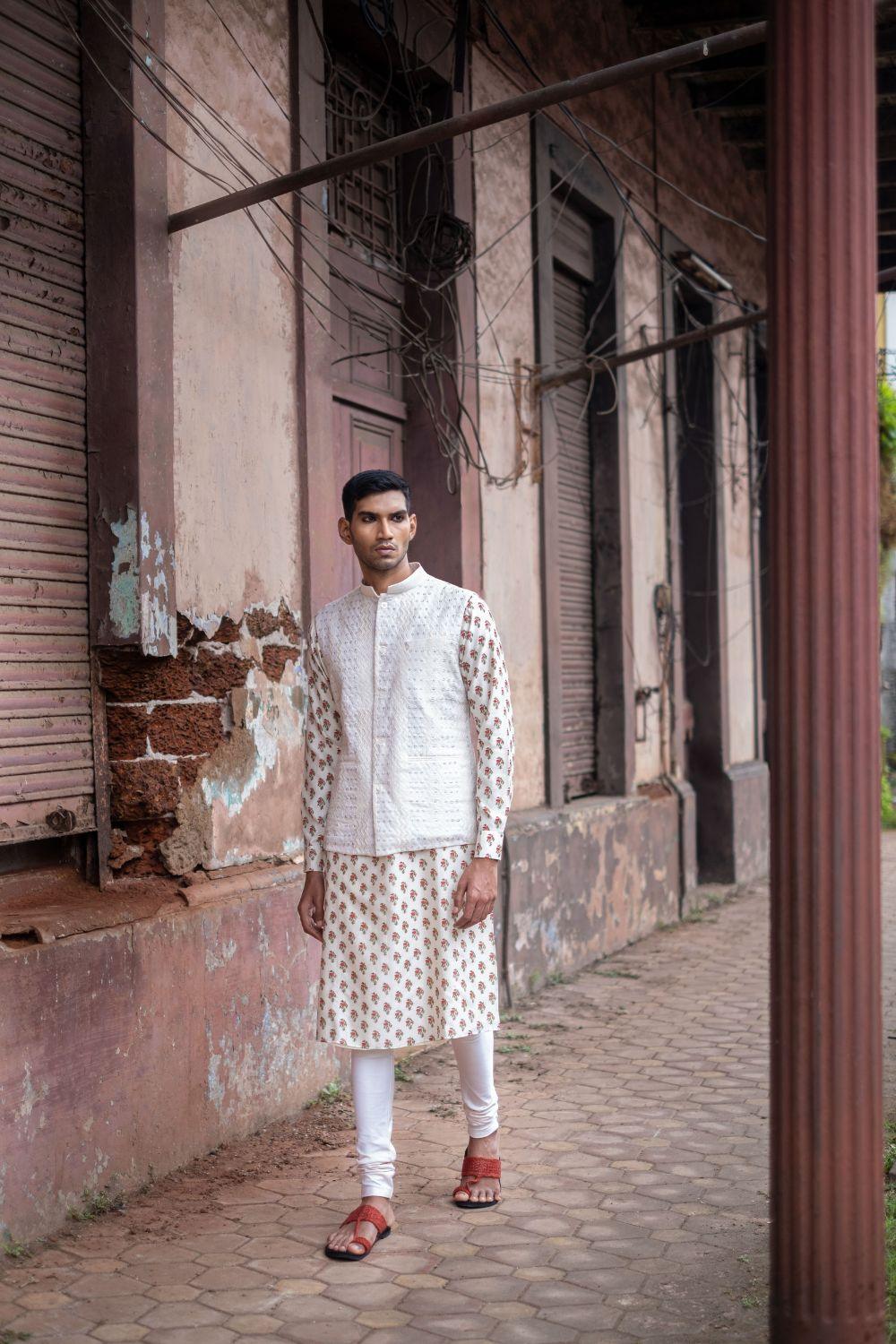 White Printed Kurta With Bandi Churidar