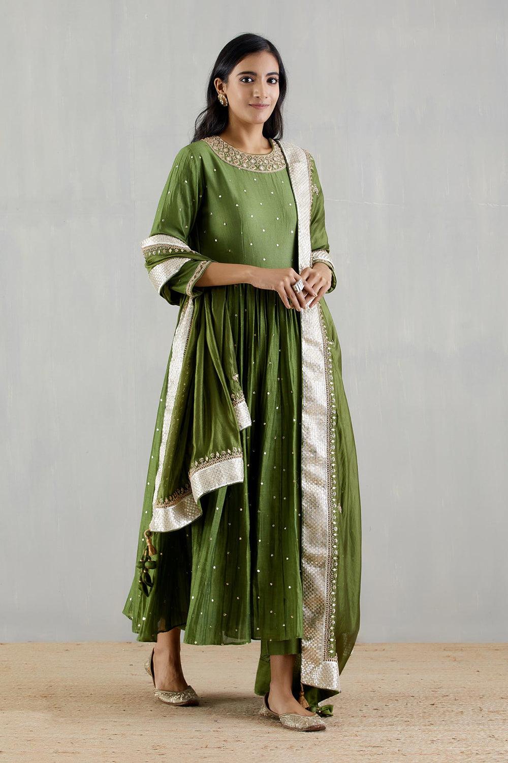 Pickle Green Zero Neck Anarkali With Dupatta And Chudidar