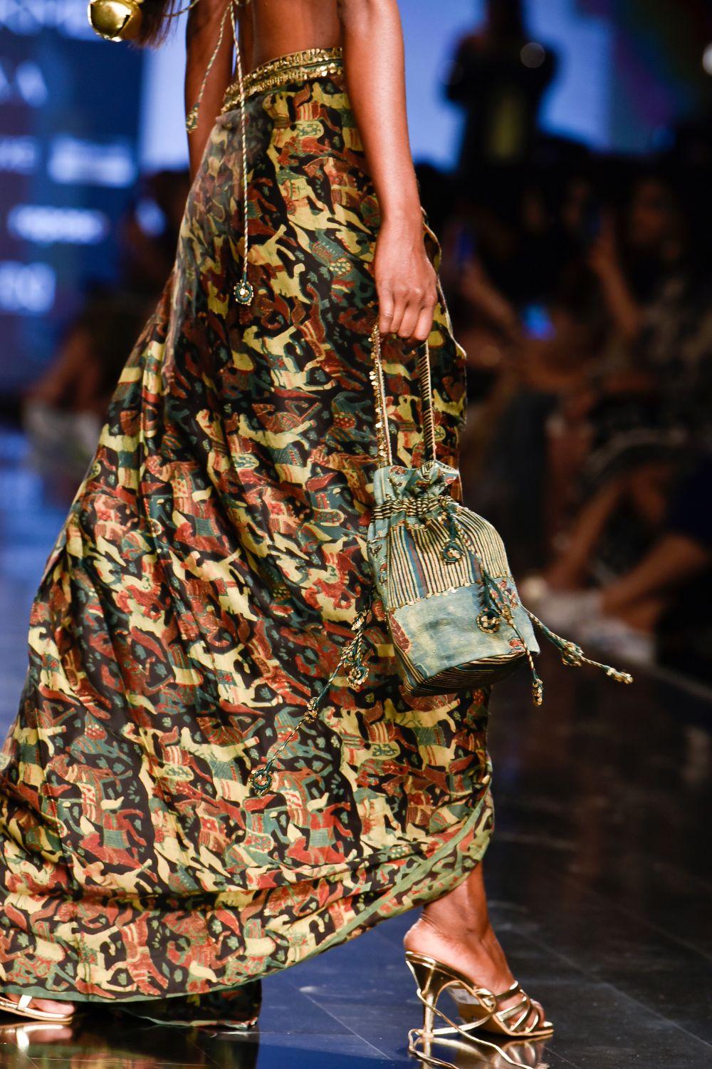 Dry Heena Green Printed Drape Skirt Paired with Cowl Neck Top
