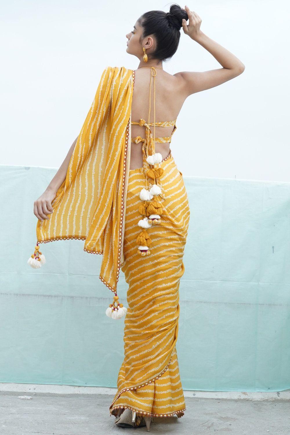 Mustard Yellow Embroidered & Printed Saree Set With Cape