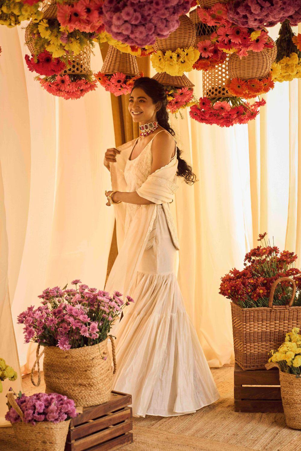 Ivory Kurti With Gharara And Organza Silk Dupatta