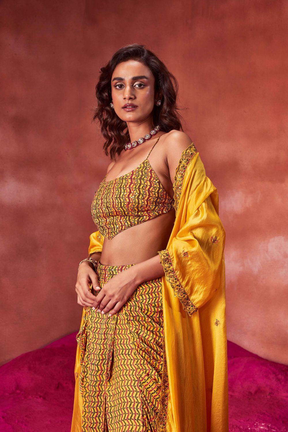 Yellow Draped Skirt Paired Top & Cape