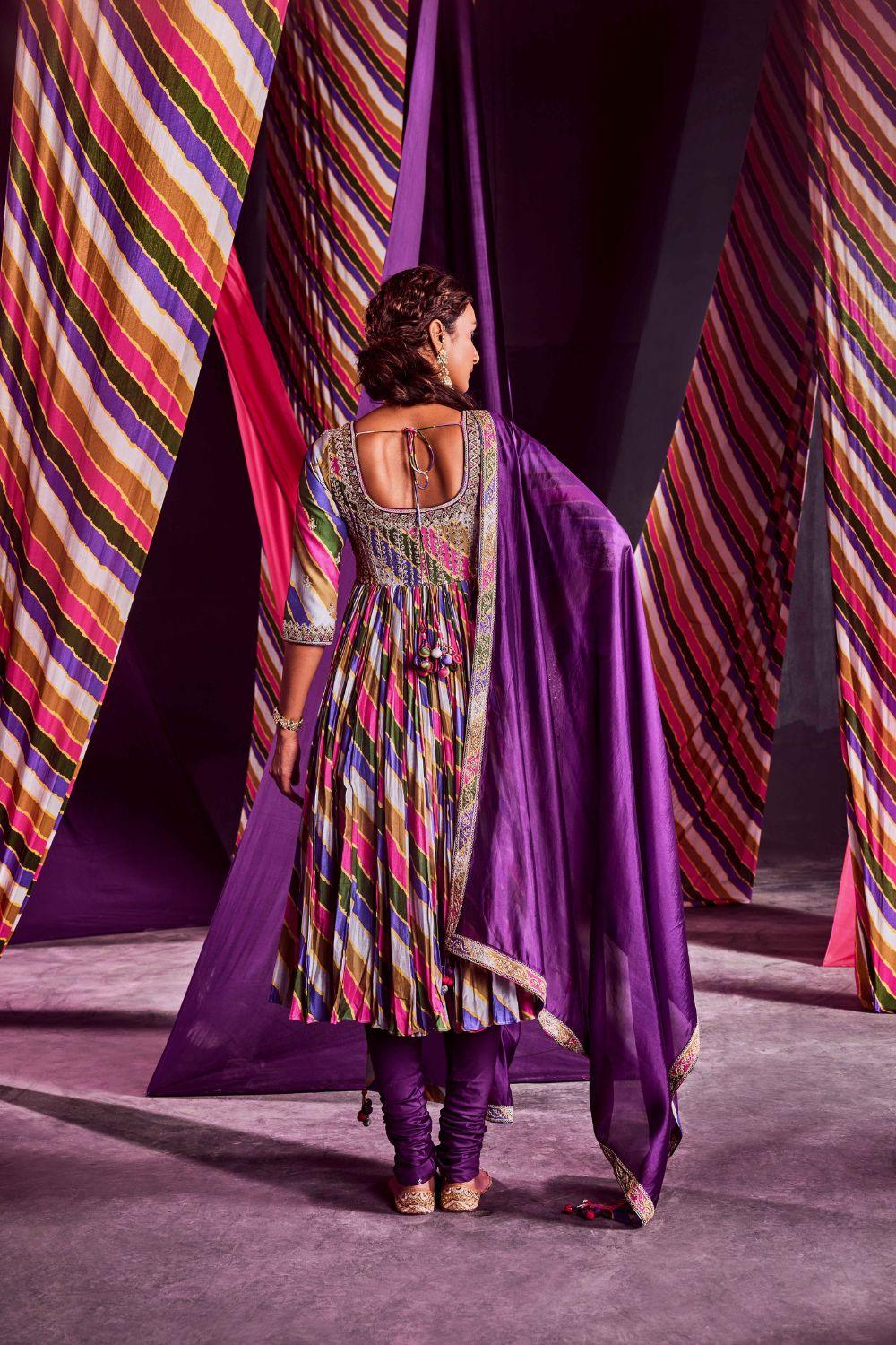 Stripes Printed Heavy Anarkali With Dupatta & Churidar