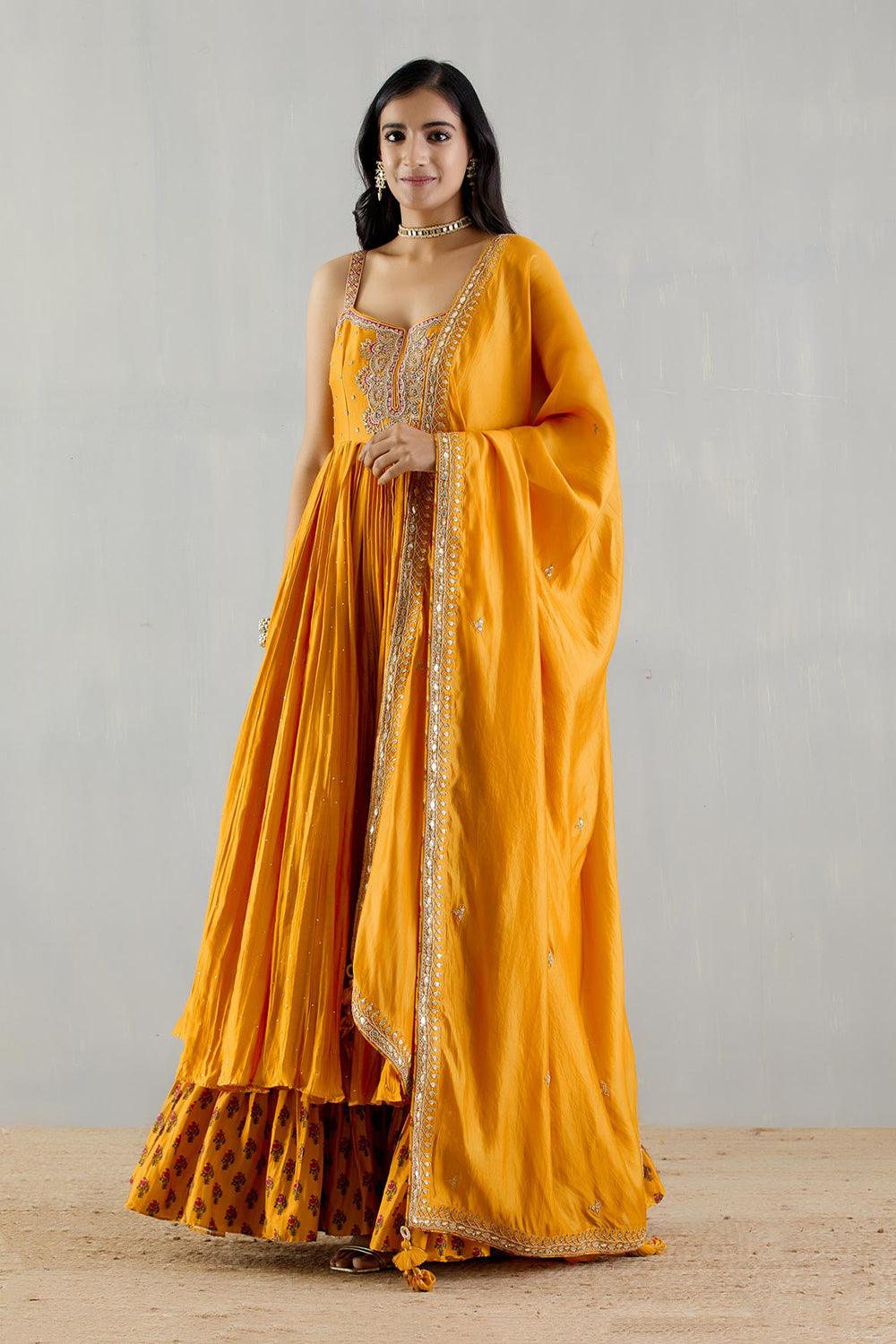 Mustard Strappy Kurta With Printed Gharara And Organza Silk Dupatta